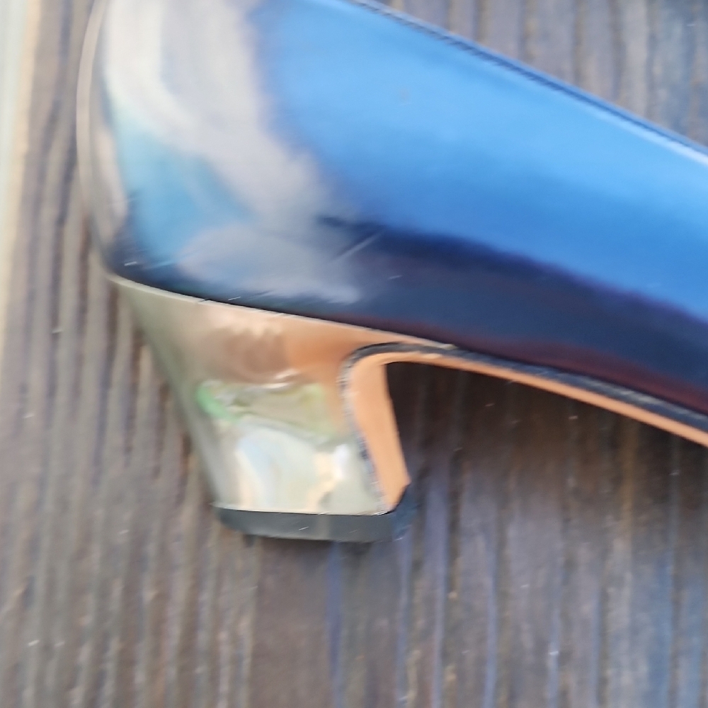 (8.5 AA) Salvatore Ferragamo Navy Blue Silver Mirrored Heels Shimmery Luxury - Picture 7 of 14